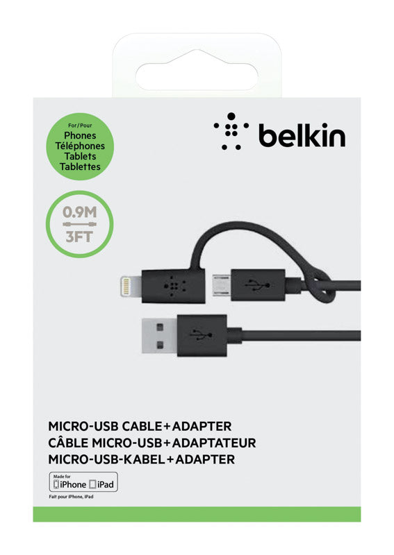 PETRA INDUSTRIES LLC, Belkin USB to Lightning to Micro Cable and Adapter 3 ft. Black