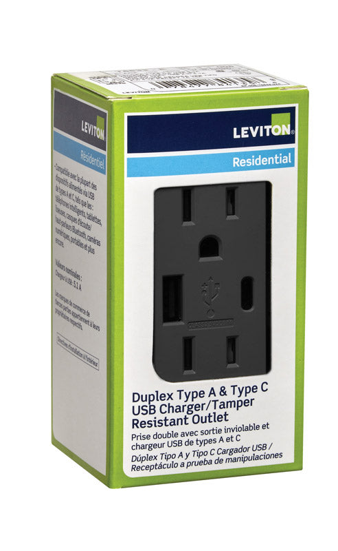 LEVITON MFG CO INC, Leviton Decora 15 amps 125 V Type A/C Duplex Black Outlet and USB Charger 5-15R 1 pk