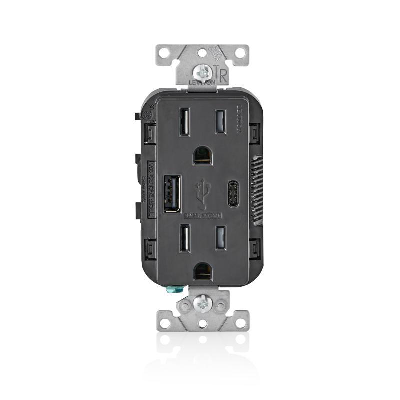 LEVITON MFG CO INC, Leviton Decora 15 amps 125 V Type A/C Duplex Black Outlet and USB Charger 5-15R 1 pk