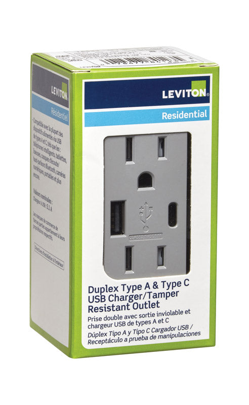 LEVITON MFG CO INC, Leviton Decora 15 amps 125 V Type A/C Duplex Gray Outlet and USB Charger 5-15R 1 pk