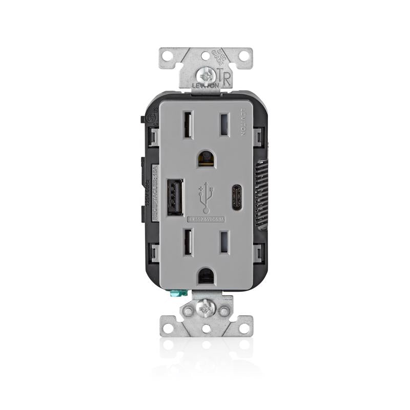 LEVITON MFG CO INC, Leviton Decora 15 amps 125 V Type A/C Duplex Gray Outlet and USB Charger 5-15R 1 pk