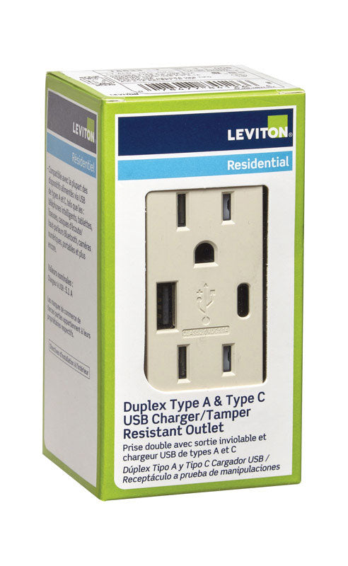 LEVITON MFG CO INC, Leviton Decora 15 amps 125 V Type A/C Duplex Light Almond Outlet and USB Charger 5-15R 1 pk