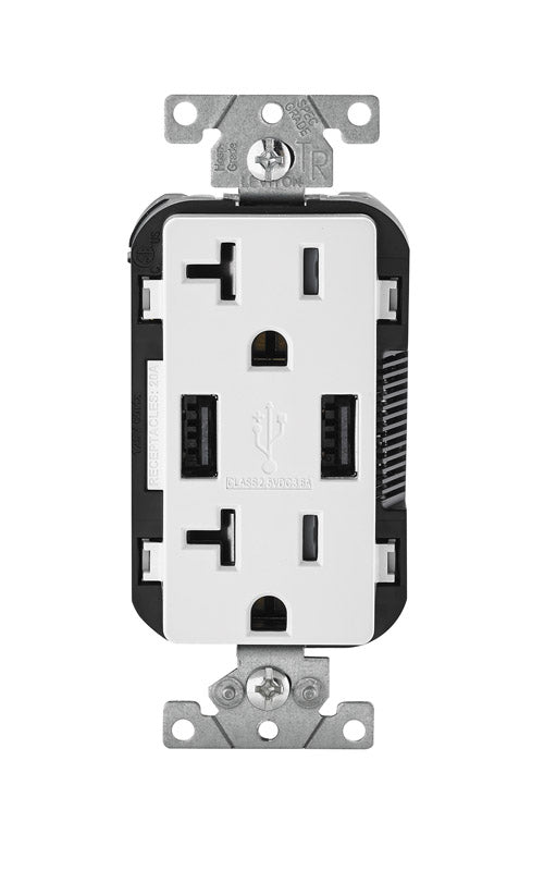 LEVITON MFG CO INC, Leviton Decora 20 amps 125 V Duplex White Outlet and USB Charger 5-20R 1 pk