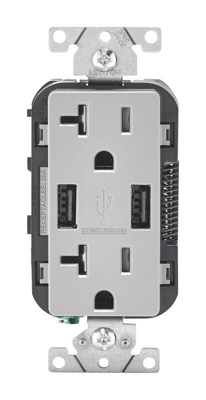 LEVITON MFG CO INC, Leviton Decora 20 amps 125 V Gray Outlet and USB Charger 5-20R 1 pk