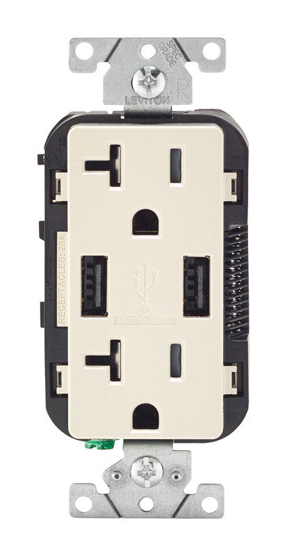 LEVITON MFG CO INC, Leviton Decora 20 amps 125 V Light Almond Outlet and USB Charger 5-20R 1 pk