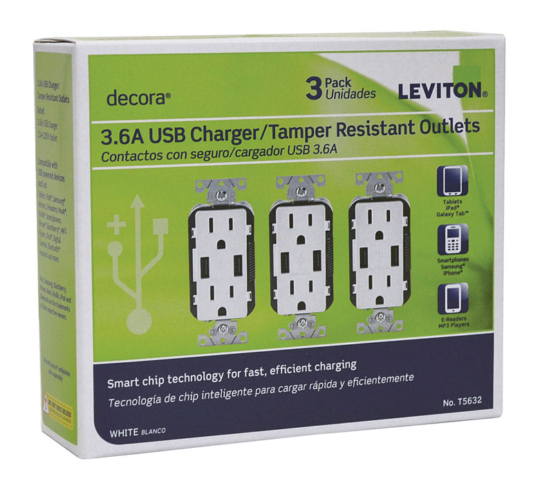 LEVITON MFG CO INC, Leviton White Thermoplastic 15A 125V 14 to 12 ga. 5-15R Tamper-Resistant Outlet & USB Charger