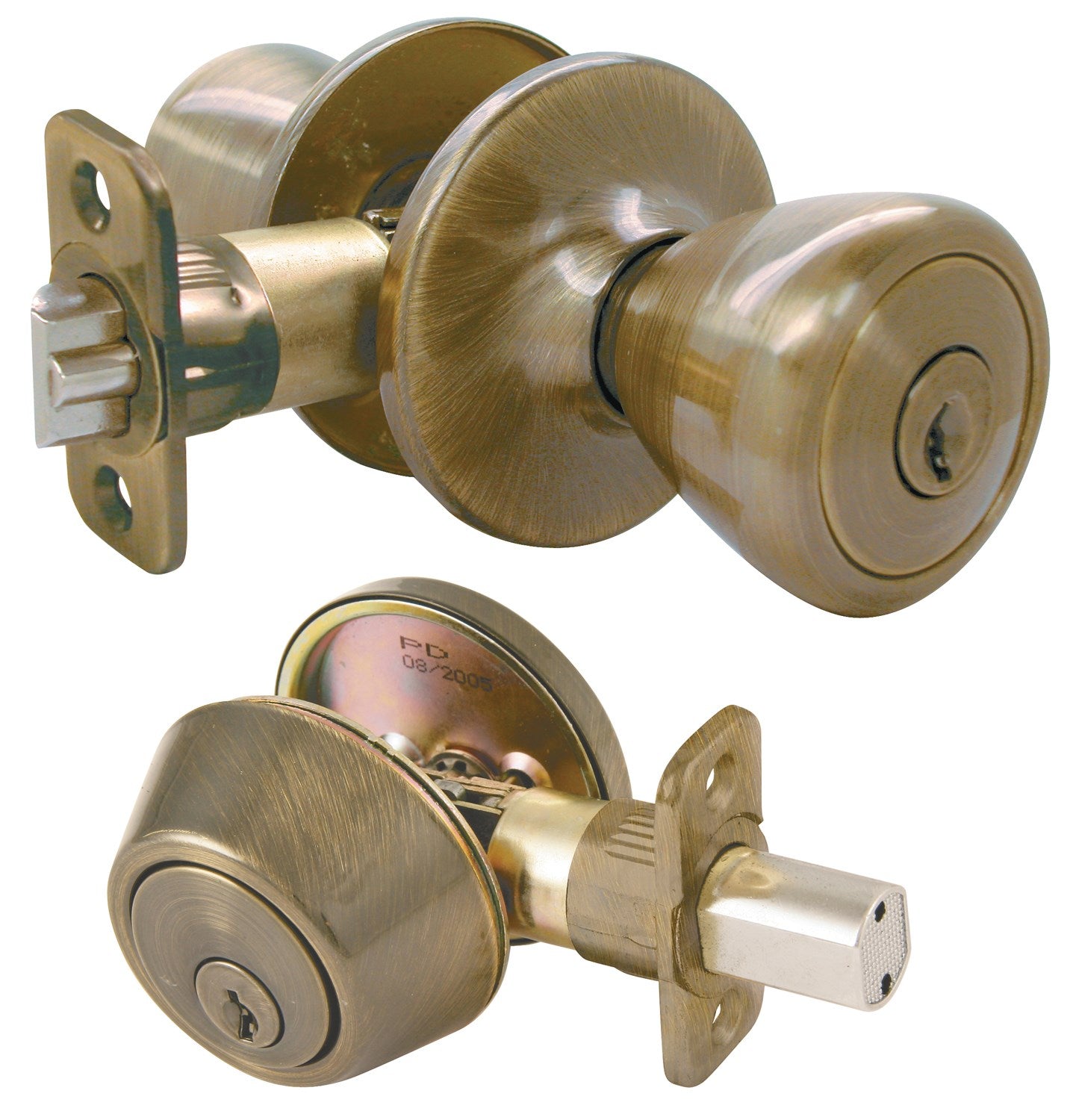 WORLD AND MAIN CRANBURY LLC, Ultra Security Antique Brass Deadbolt and Entry Door Knob KW1 1-3/4 in.