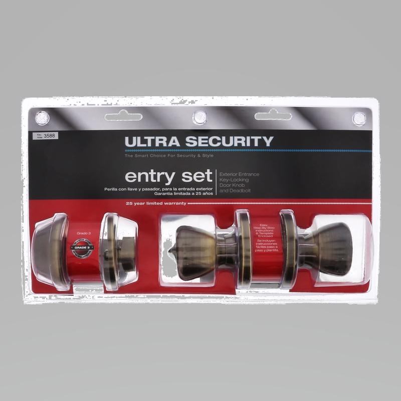 WORLD AND MAIN CRANBURY LLC, Ultra Security Antique Brass Deadbolt and Entry Door Knob KW1 1-3/4 in.