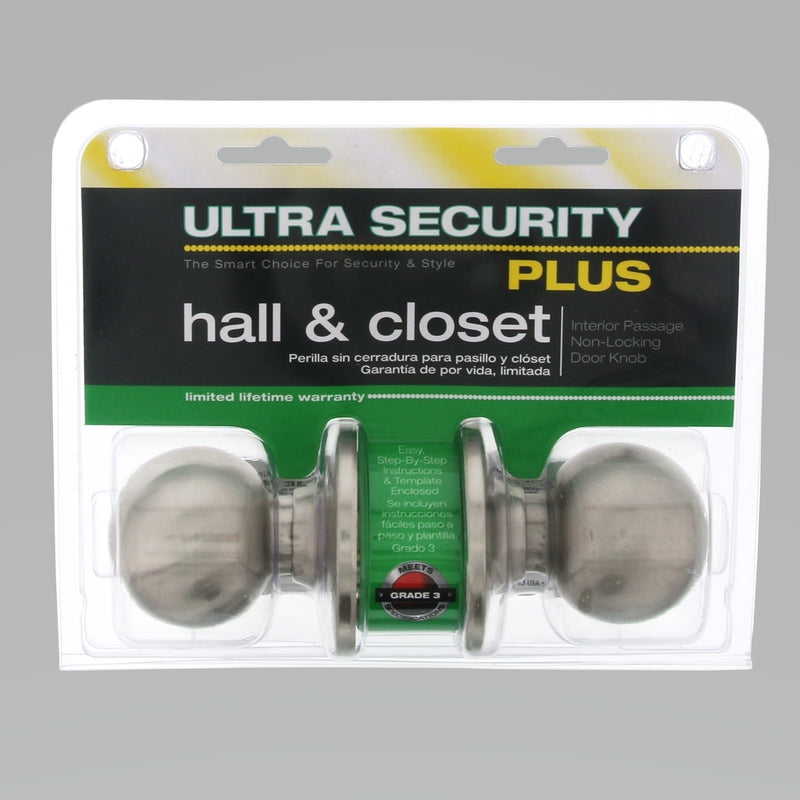 WORLD AND MAIN CRANBURY LLC, Ultra Security Plus Satin Nickel Passage Knob Right or Left Handed