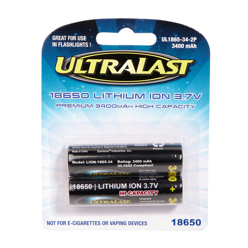 DANTONA INDUSTRIES INC, Ultralast Lithium Ion 18650 3.7 V 3400 Ah Rechargeable Battery 2 pk