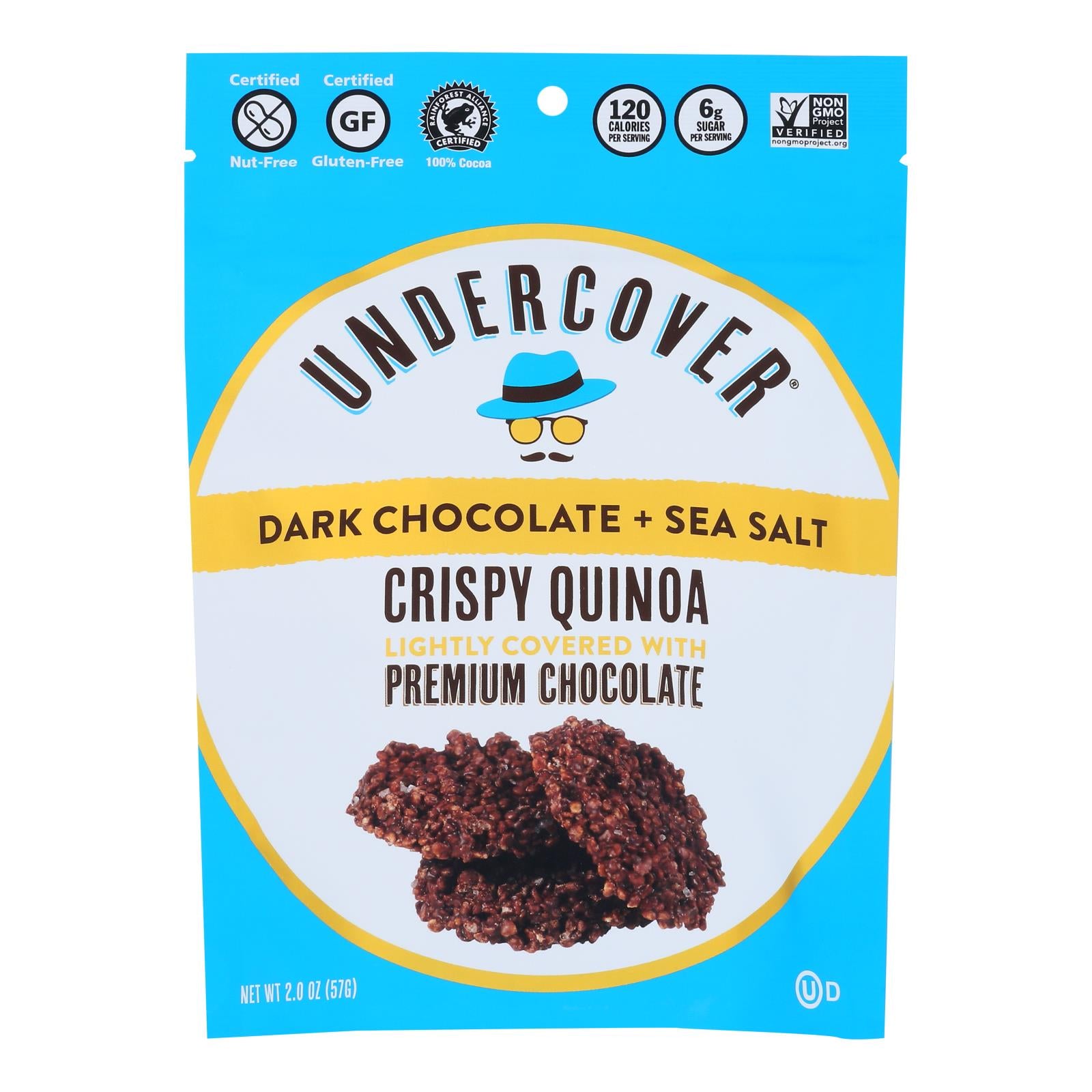 Undercover Quinoa, Undercover Quinoa Dark Chocolate + Sea Salt Crispy Quinoa Snack  - Case of 12 - 2 OZ (Pack of 12)