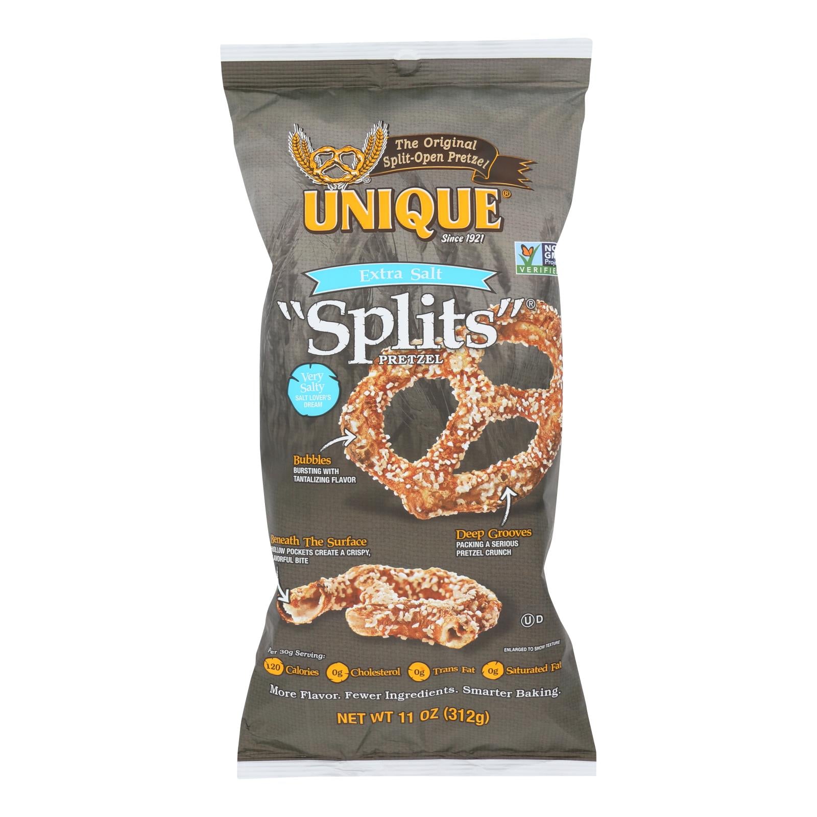 Unique Pretzels, Unique Pretzels - Pretzels - Extra Salt Splits - Case of 12 - 11 oz. (Pack of 12)