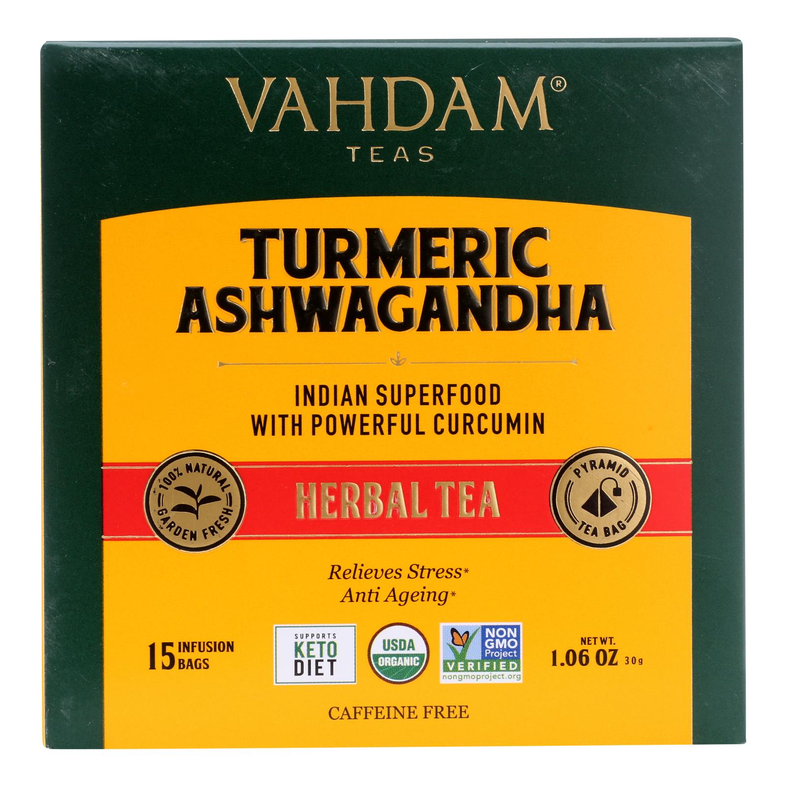 Vahdam Teas, Vahdam Teas - Hrbl Tea Turmrc Ashwg - Case of 6 - 15 CT (Pack of 6)