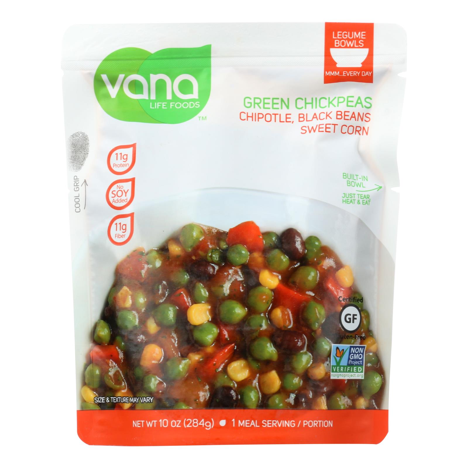 Vana Life Foods, Vana Life Foods Chipotle Black Bean Sweet Corn Green Chickpea Legume Bowls  - Case of 6 - 10 OZ (Pack of 6)