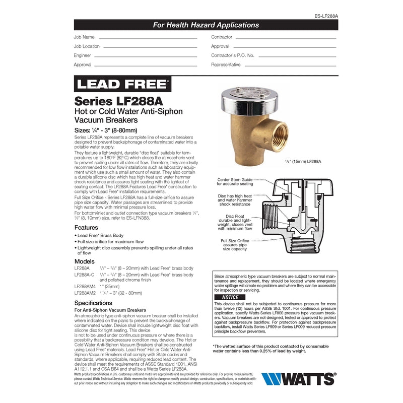 WATTS, Watts 1/2 in. Brass Anti-Siphon Vacuum Breaker